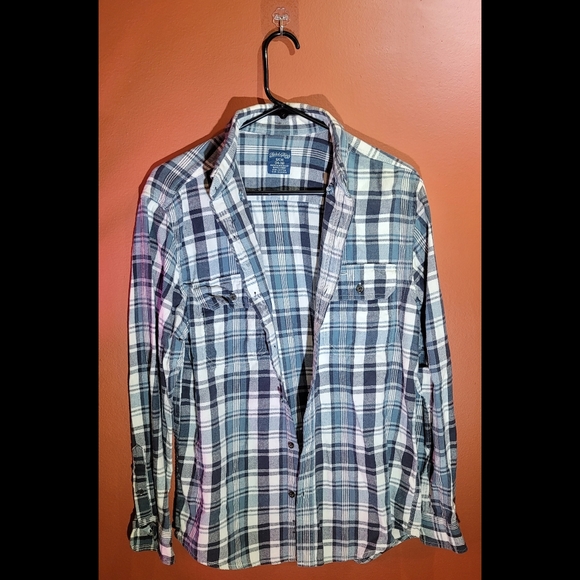Mens Button Down Cotton Collar Flannel Shirt Long Sleeve Blue/Gray- Faded Glory - Picture 3 of 4